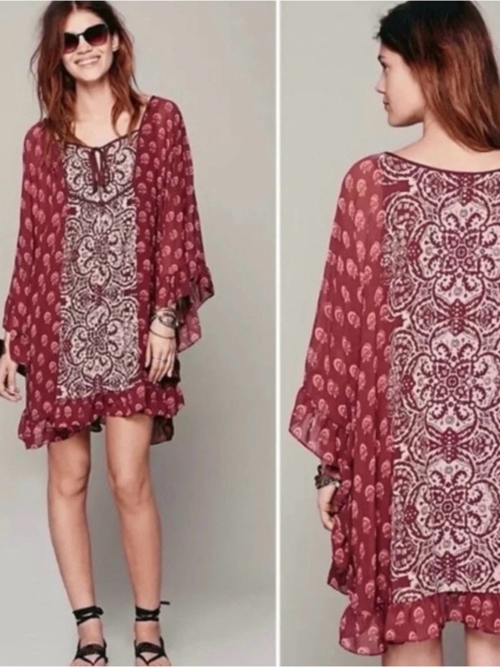 Free People XS Marla Dream Red Boho Festival Print Fun Chiffon Tunic Mini Dress
